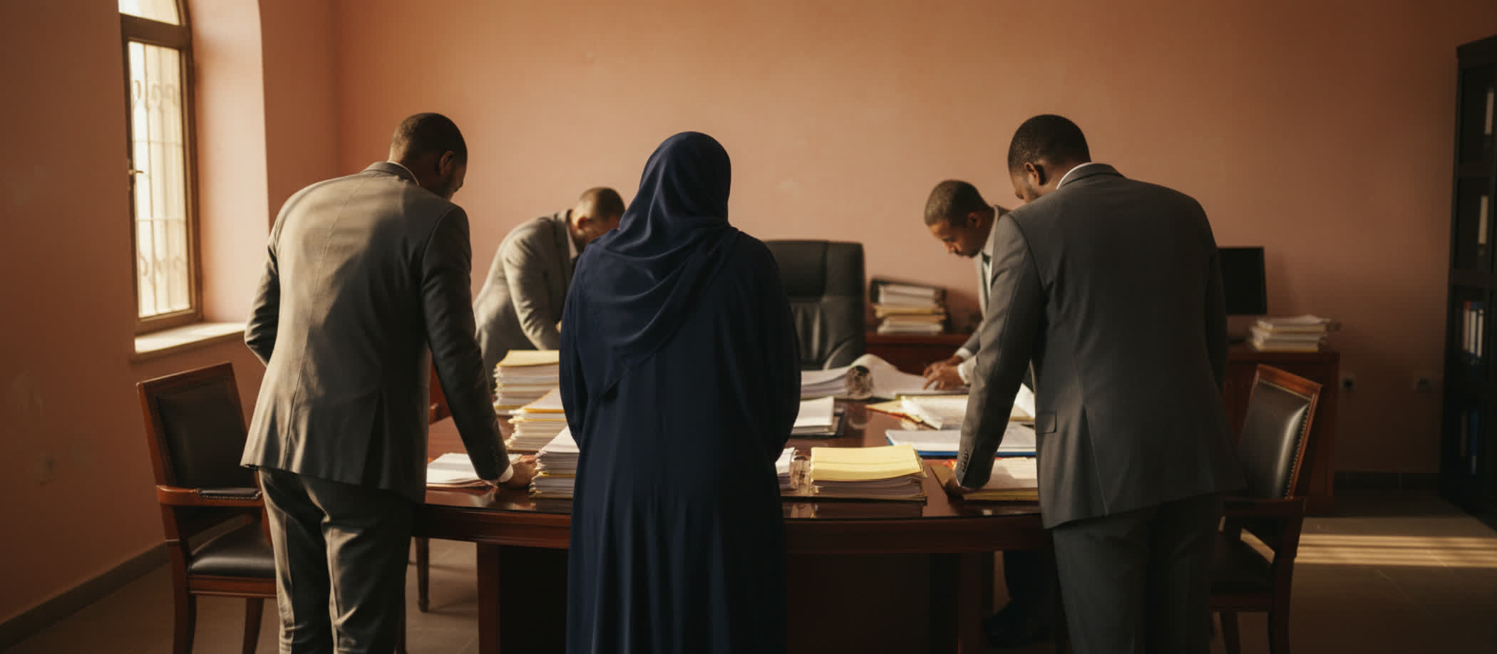 Four professionals seen from behind, working through files at a meeting table in a Mogadishu office